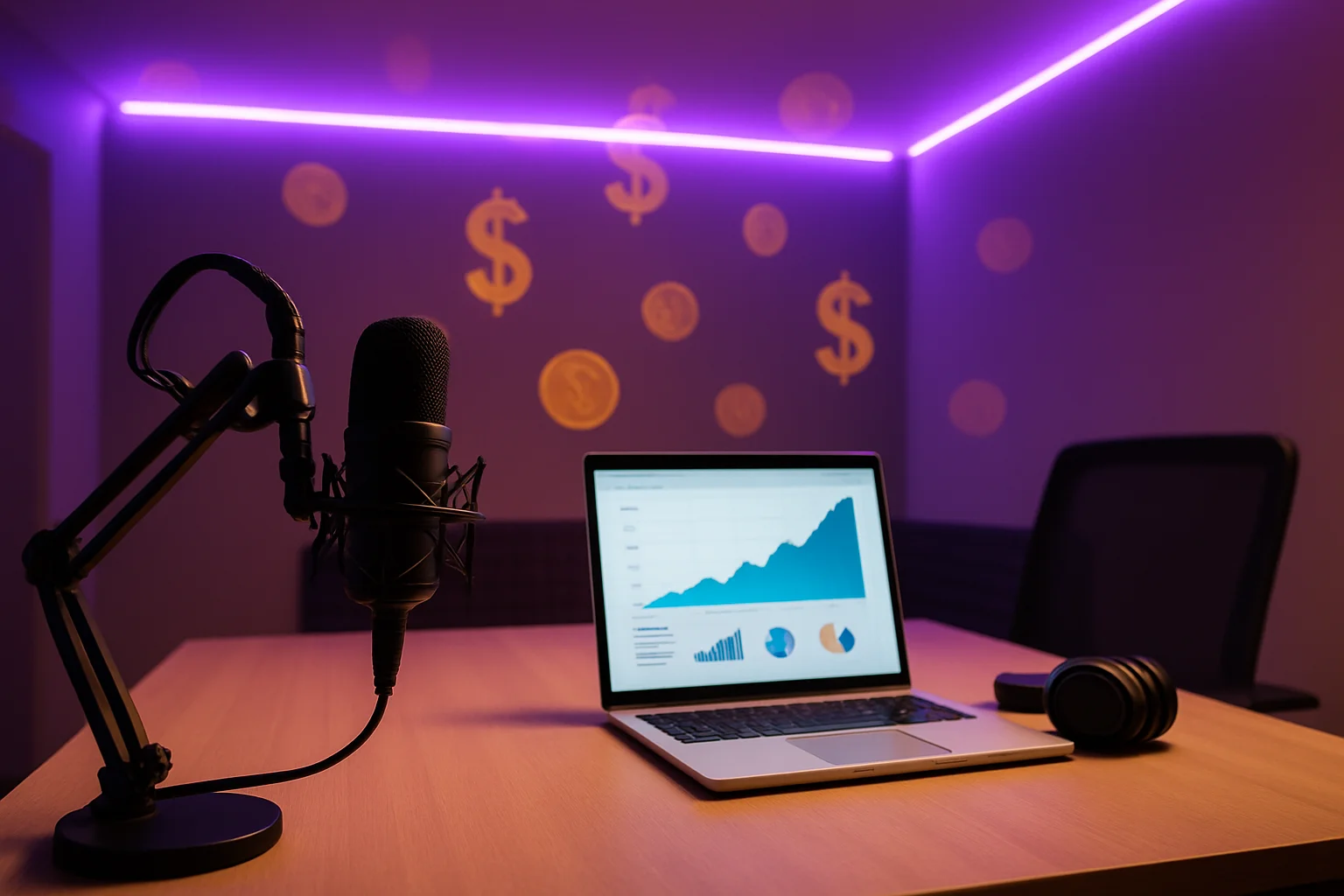 Modern podcast studio with professional microphone and laptop showing revenue dashboard with upward trending charts