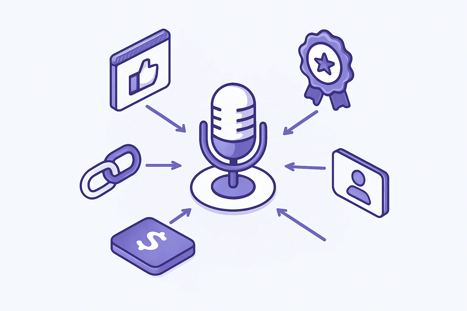 Isometric illustration showing multiple revenue streams flowing into a central podcast microphone