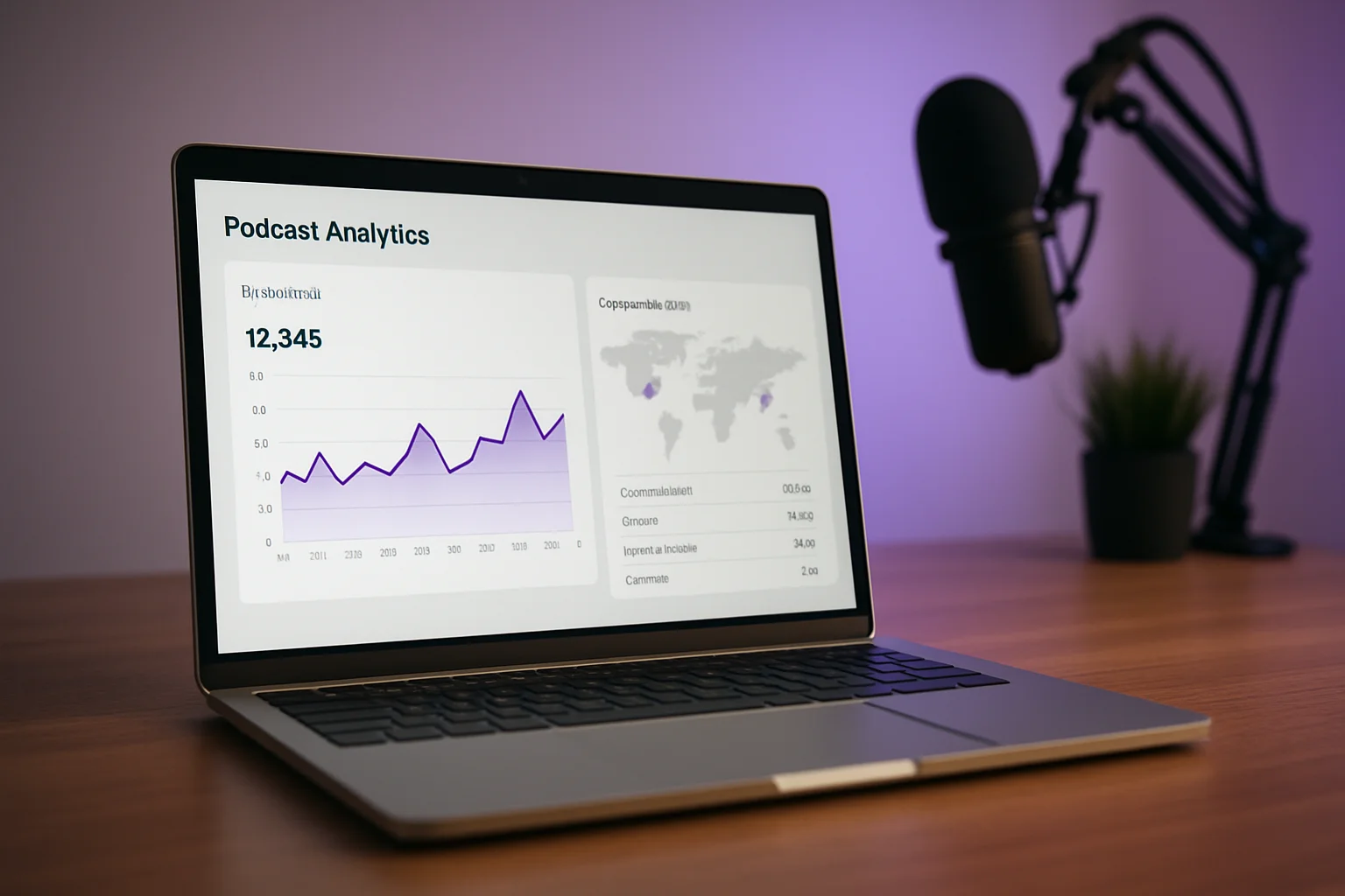 Podcast analytics dashboard showing download metrics and geographic data on laptop screen