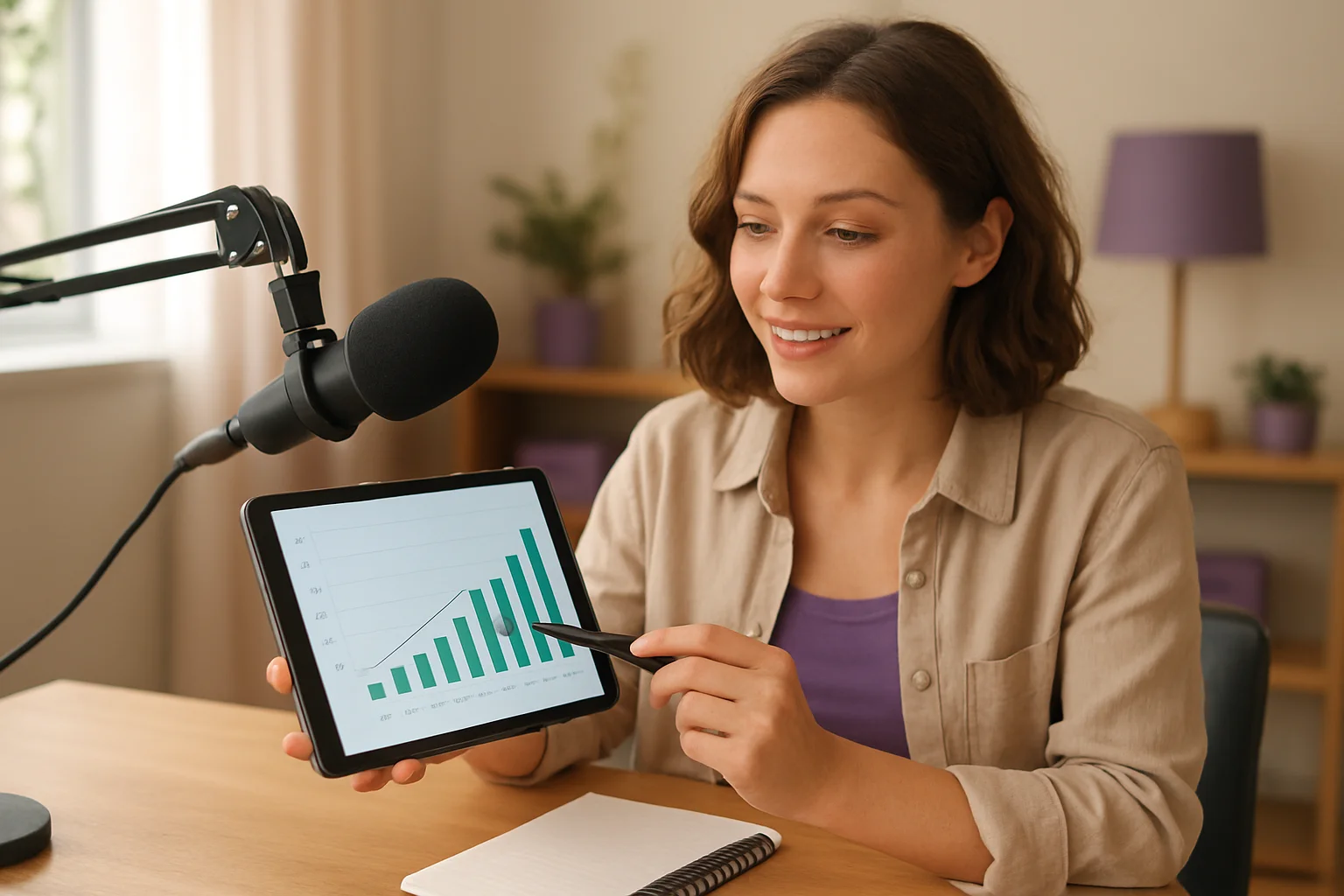Podcaster reviewing analytics and growth charts on tablet in home studio