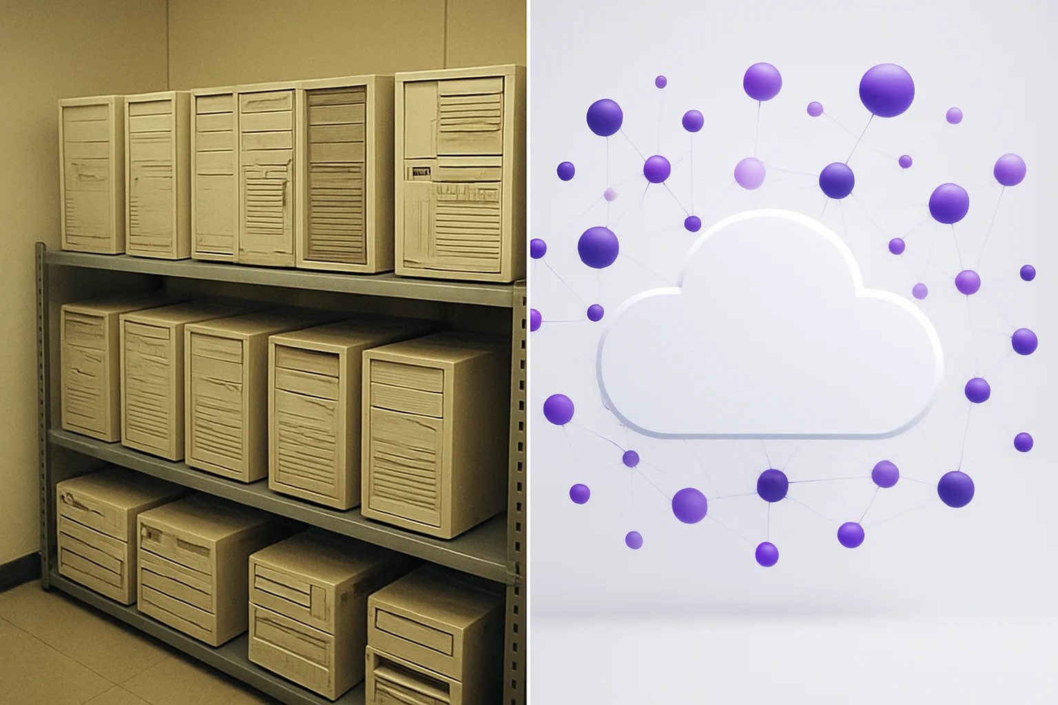 Comparison of vintage 2004 server technology versus modern cloud infrastructure