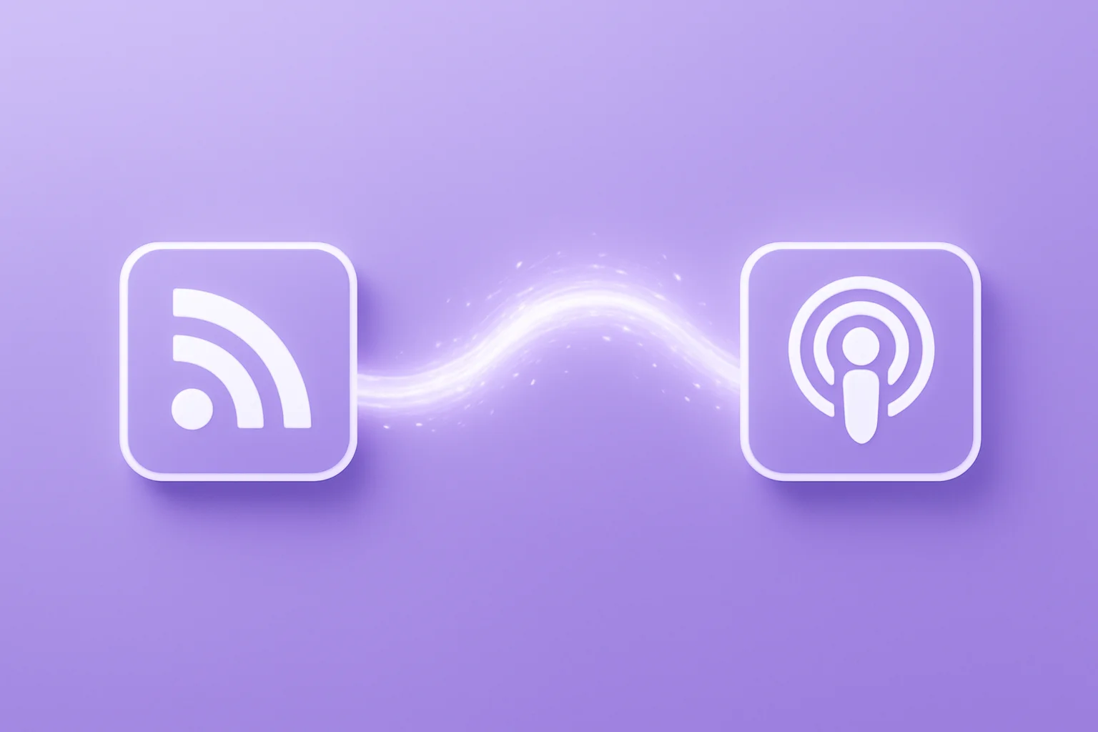 Abstract visualization of podcast RSS migration showing data streams flowing between platforms
