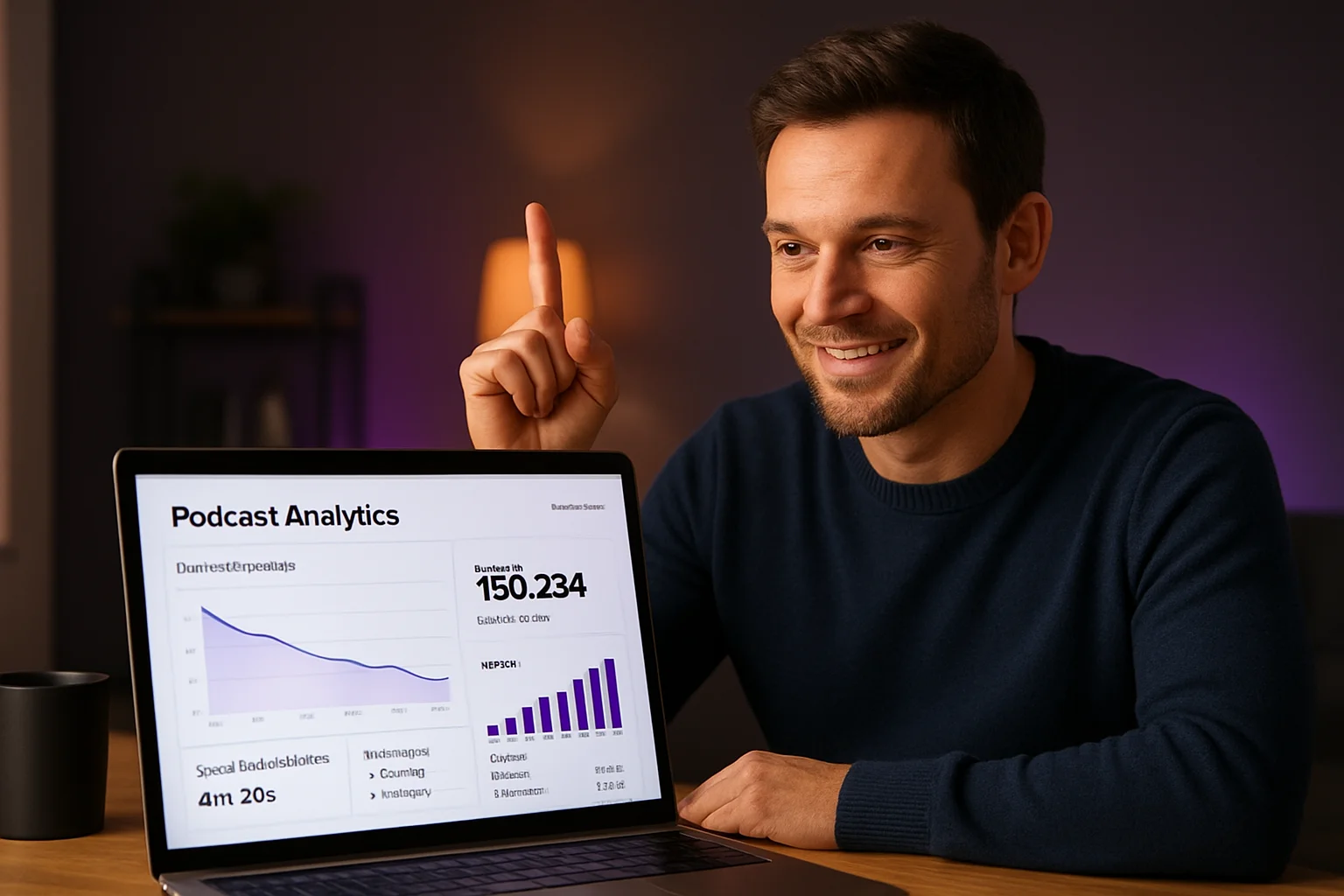 Person having a lightbulb moment while looking at podcast analytics on a laptop screen