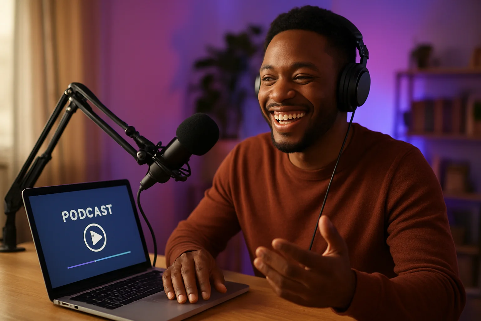 Happy podcaster celebrating first episode