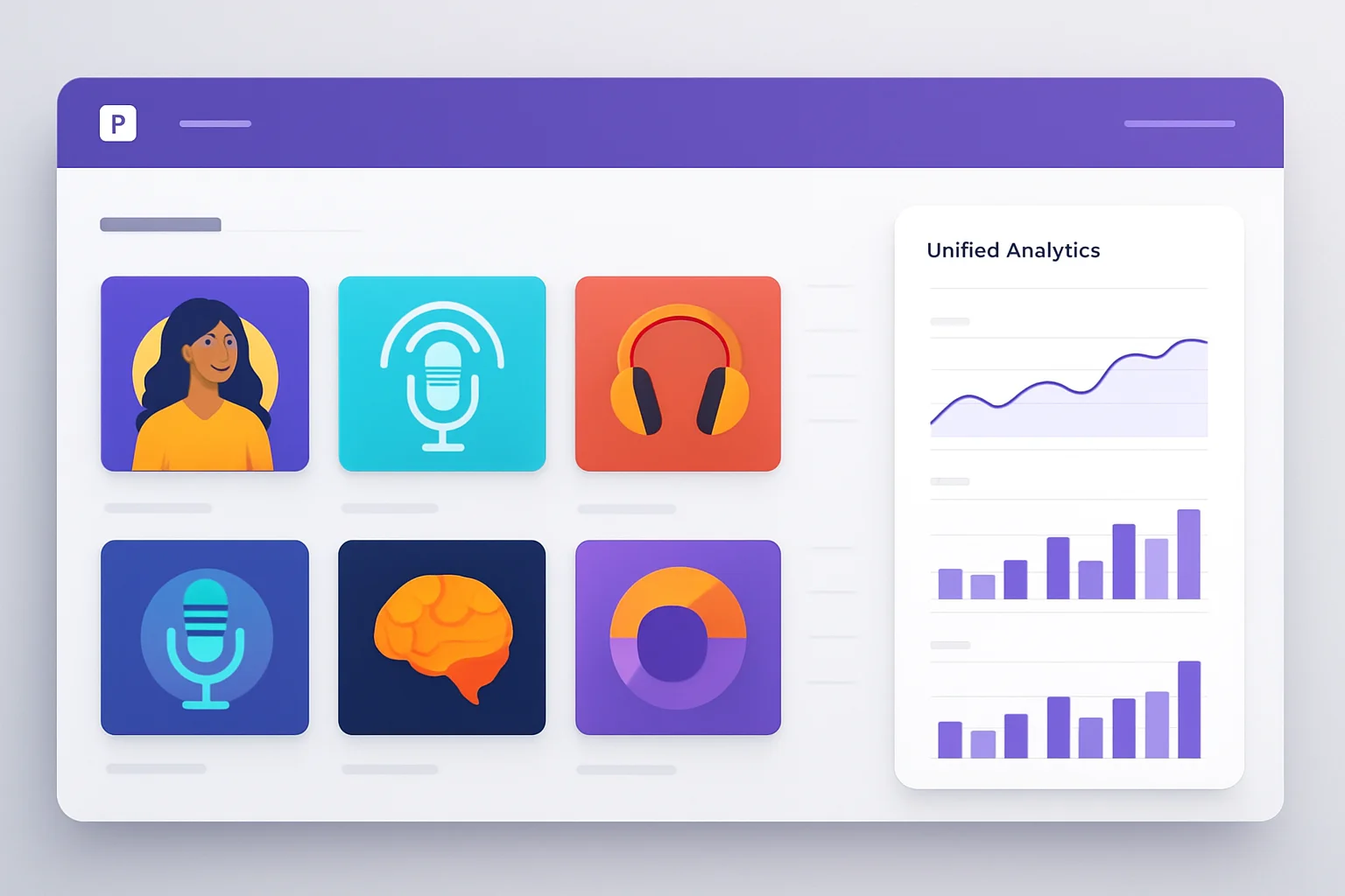 Modern podcast hosting dashboard showing multiple shows with analytics