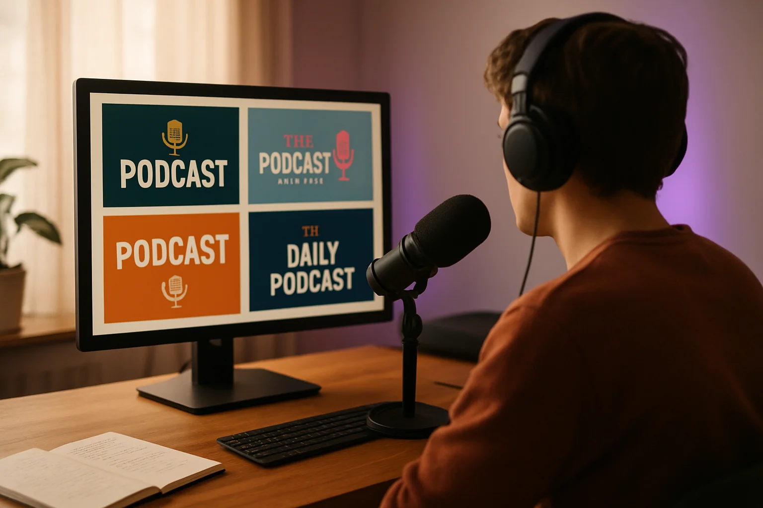Podcast creator managing multiple show concepts at their workspace