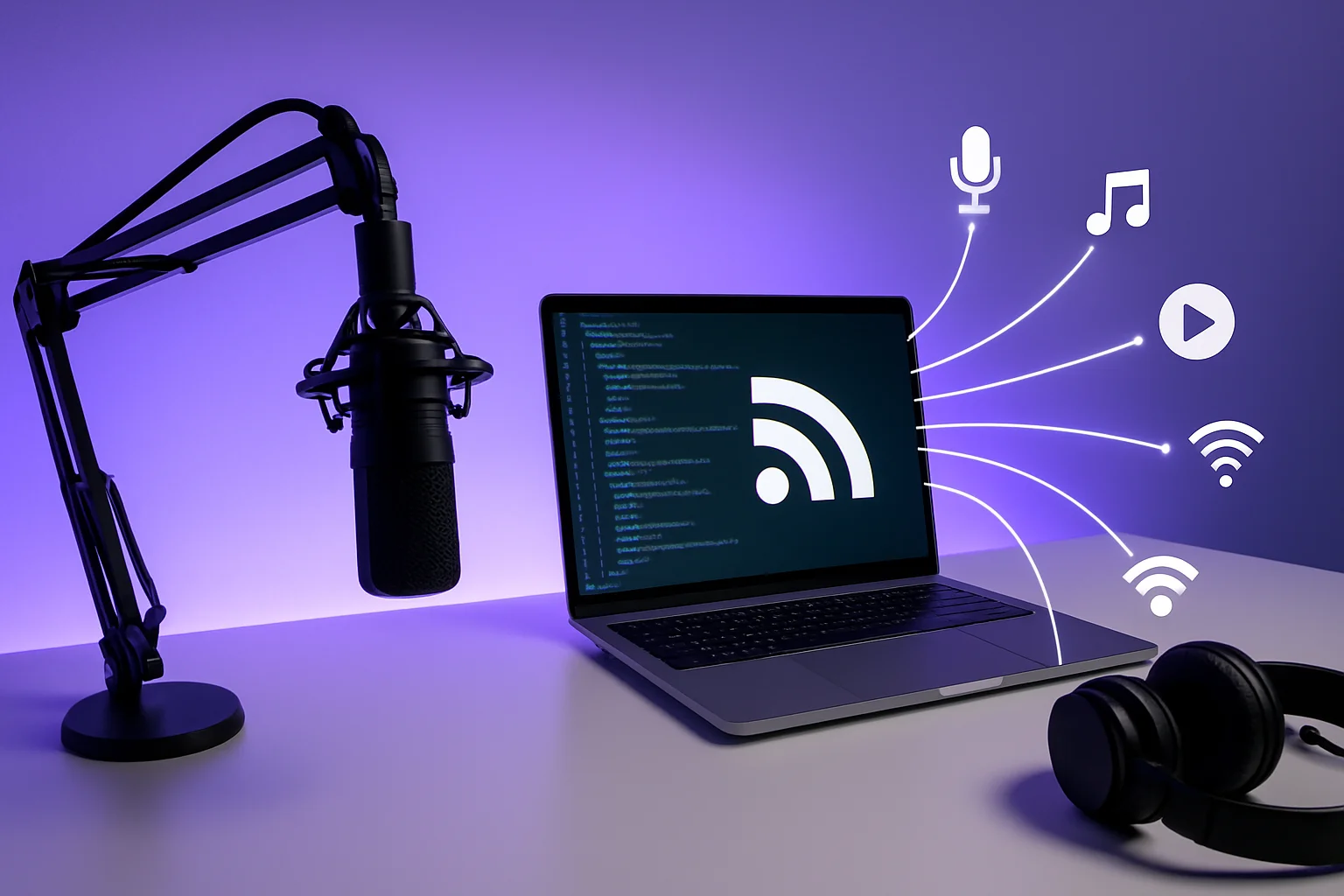 Modern podcast studio setup with laptop showing RSS feed code and distribution icons