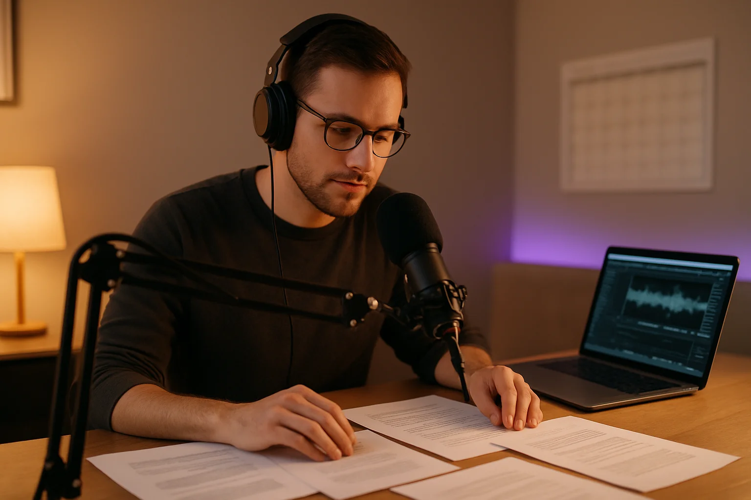 Podcaster preparing for batch recording session with scripts and equipment